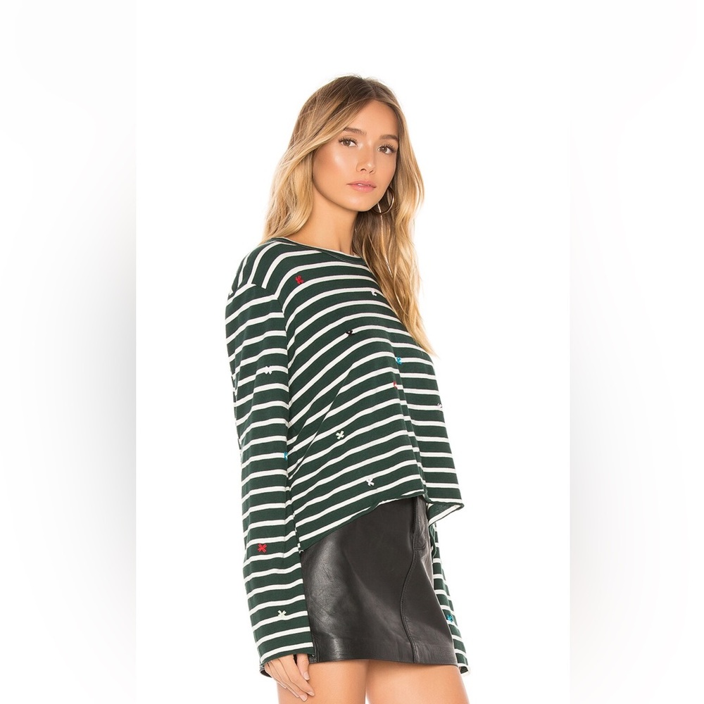 The Great The Long Sleeve Crop Tee Emerald Stripe w Multi Folk Embroidery